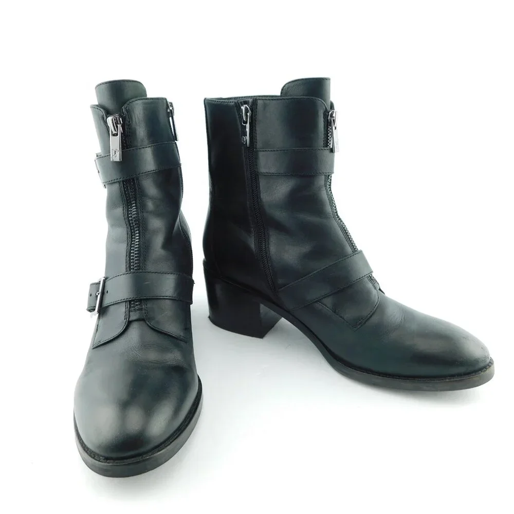 DONALD PLINER Black Leather Strap & Zipper Block Heel Ankle Boots 9.5
